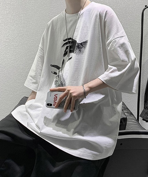 almo(アルモ)の「HANDプリントオーバーサイズTシャツ(NEZ)(Tシャツ/カットソー・レディース・グレー/ブラック/ホワイト・FREE)」の1枚目の写真