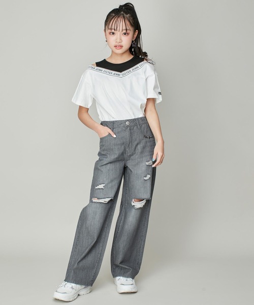 セール】【コットン100％】肩あきレイヤード風ロゴTシャツ（T