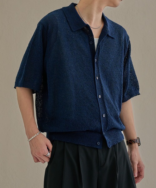 ハレルヤ サマーニット リネン混 半袖 総柄 紺 茶 *A814 ハレルヤ サマーニット リネン混 半袖 総柄 紺 茶 *A814 レディース