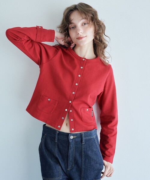 agnes b. 赤 ボタン付き カーディガン サイズ2　アニエスベー To b. by agnes b.× green label relaxing オーガニックコットン