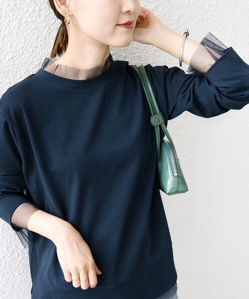 SHIPS(シップス)の「【WEB限定】チュール コンビ ラウンド カットソー(Tシャツ/カットソー・レディース・ブラウン/ネイビー/オフホワイト・ONE SIZE)」の1枚目の写真