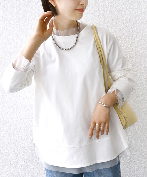 SHIPS(シップス)の「【WEB限定】チュール コンビ ラウンド カットソー(Tシャツ/カットソー・レディース・ブラウン/ネイビー/オフホワイト・ONE SIZE)」の2枚目の写真
