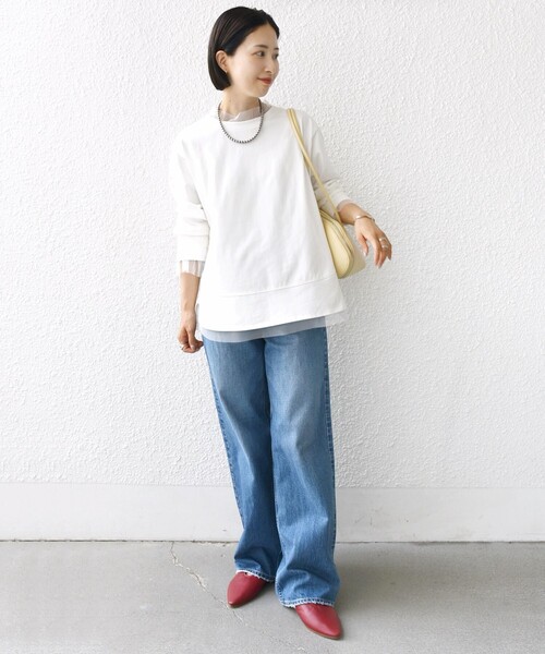 SHIPS(シップス)の「【WEB限定】チュール コンビ ラウンド カットソー(Tシャツ/カットソー・レディース・ブラウン/ネイビー/オフホワイト・ONE SIZE)」の4枚目の写真