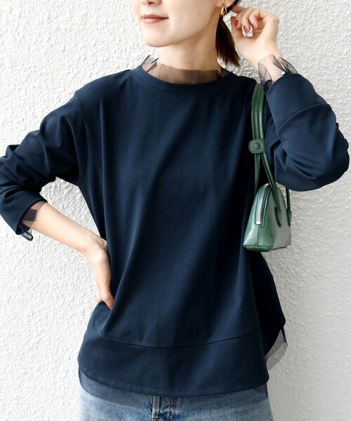 SHIPS(シップス)の「【WEB限定】チュール コンビ ラウンド カットソー(Tシャツ/カットソー・レディース・ブラウン/ネイビー/オフホワイト・ONE SIZE)」の12枚目の写真