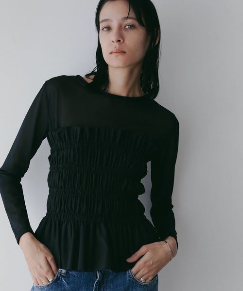 MANOF(マノフ)の「SHEER VELOR PIPING TOPS(Tシャツ/カットソー・レディース・アイボリー/ブラック/ピンク・FREE)」の1枚目の写真