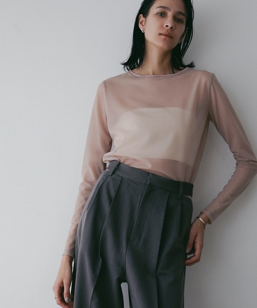 MANOF(マノフ)の「SHEER VELOR PIPING TOPS(Tシャツ/カットソー・レディース・アイボリー/ブラック/ピンク・FREE)」の4枚目の写真