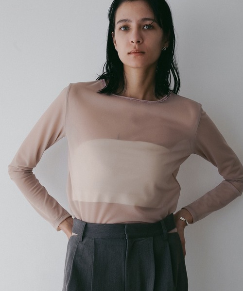 MANOF(マノフ)の「SHEER VELOR PIPING TOPS(Tシャツ/カットソー・レディース・アイボリー/ブラック/ピンク・FREE)」の5枚目の写真
