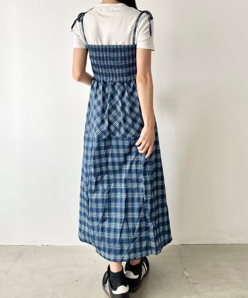 セール】チェック柄シャーリングキャミワンピース（ワンピース