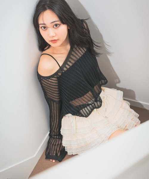 3.3 Field Trip （3.3フィールドトリップ）の「3.3 Field Trip／カップインナー付メッシュプルオーバー（ニット/セーター・レディース・ベージュ/ブラック/ホワイト・FREE）」の2枚目の写真