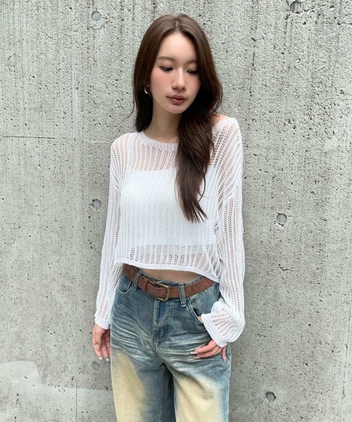 3.3 Field Trip （3.3フィールドトリップ）の「3.3 Field Trip／カップインナー付メッシュプルオーバー（ニット/セーター・レディース・ベージュ/ブラック/ホワイト・FREE）」の21枚目の写真