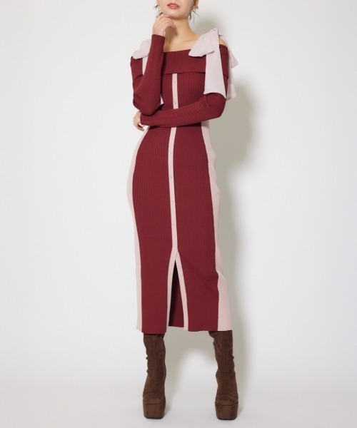 セール】バイカラーオフショルリボンニットワンピース 秋服 冬服