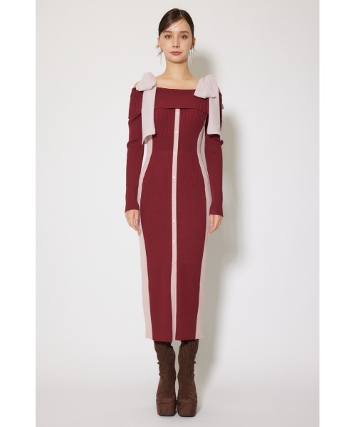 rienda 【美品】【今季新作】バイカラー　オフショルリボン長袖ワンピース バイカラーオフショルリボンニットワンピース 秋服 冬服（ワンピース