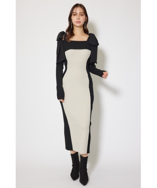 セール】バイカラーオフショルリボンニットワンピース 秋服 冬服