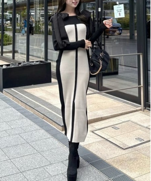 バイカラーオフショルリボンニットワンピース 秋服 冬服（ワンピース