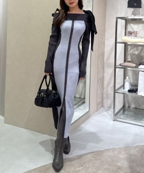 バイカラーオフショルリボンニットワンピース 秋服 冬服（ワンピース