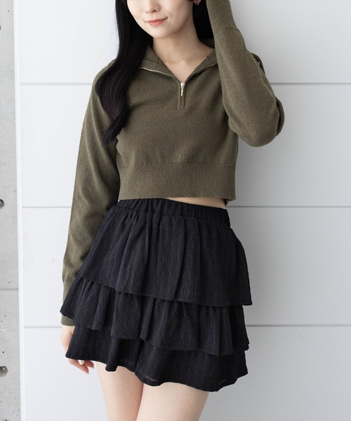 clear（クリア）の「オーバーカラーハーフジップショート丈ニットトップス［大人 カジュアル 着回し力抜群］（ニット/セーター・レディース・カーキ/アイボリー/ブラック・F）」の3枚目の写真