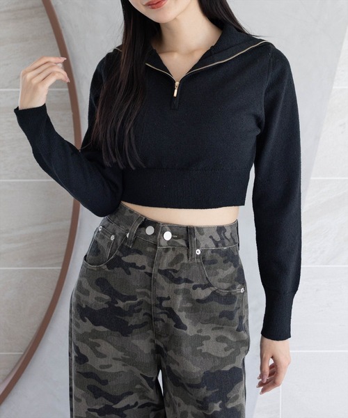 clear（クリア）の「オーバーカラーハーフジップショート丈ニットトップス［大人 カジュアル 着回し力抜群］（ニット/セーター・レディース・カーキ/アイボリー/ブラック・F）」の2枚目の写真