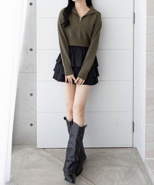 clear（クリア）の「オーバーカラーハーフジップショート丈ニットトップス［大人 カジュアル 着回し力抜群］（ニット/セーター・レディース・カーキ/アイボリー/ブラック・F）」の4枚目の写真