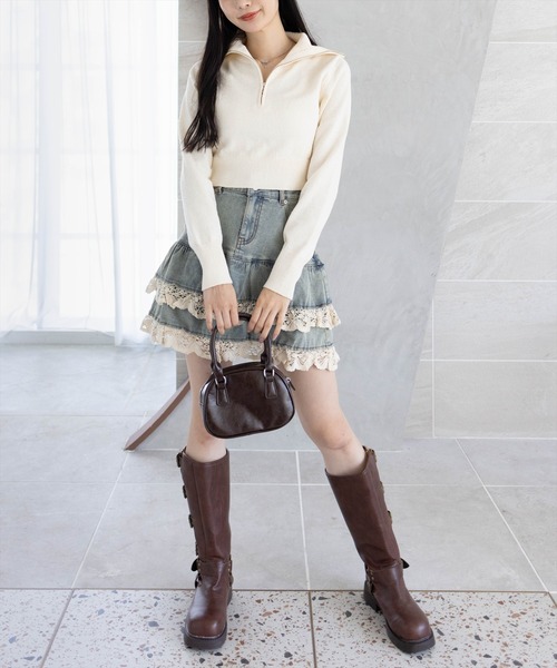 clear（クリア）の「オーバーカラーハーフジップショート丈ニットトップス［大人 カジュアル 着回し力抜群］（ニット/セーター・レディース・カーキ/アイボリー/ブラック・F）」の6枚目の写真