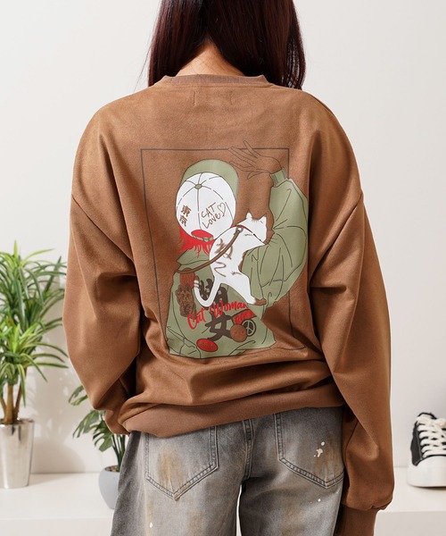 カットスエード ガールイラスト スウェット トレーナー / Cut suede