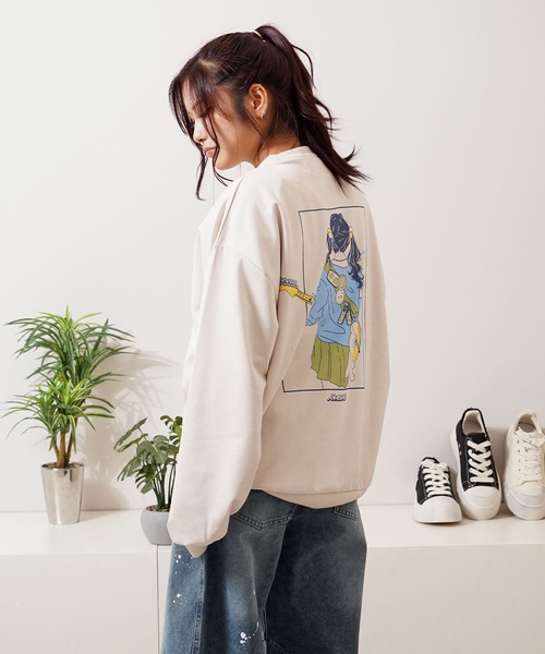 カットスエード ガールイラスト スウェット トレーナー / Cut suede