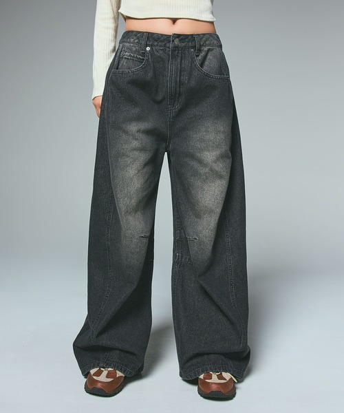 X-girl（エックスガール）の「WIDE BAGGY DENIM PANTS（デニムパンツ・レディース・ブラック/ライトインディゴブルー・S/M）」の2枚目の写真