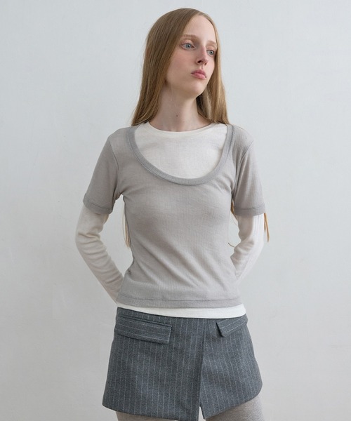 Kijun(キジュン)の「Kijun/キジュン Layered Jersey Top ショート丈 フェイクレイヤード ウールカットソー(Tシャツ/カットソー・レディース・グレー/レッド/ラベンダー・S/M)」の2枚目の写真
