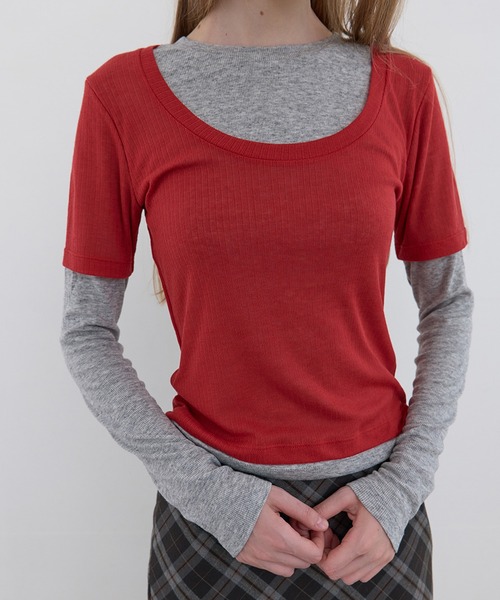 Kijun(キジュン)の「Kijun/キジュン Layered Jersey Top ショート丈 フェイクレイヤード ウールカットソー(Tシャツ/カットソー・レディース・グレー/レッド/ラベンダー・S/M)」の1枚目の写真