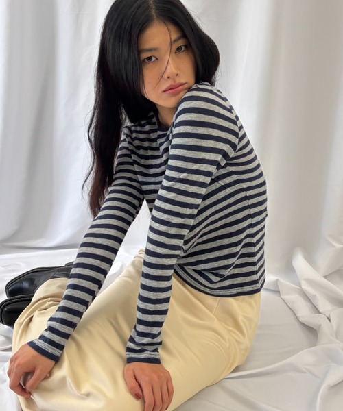 FUULLY STUDIO（フーリィーステューディオ）の「ニットソーボーダーロングスリーブトップス（Tシャツ/カットソー・レディース・ネイビー/ブラウン・FREE）」の15枚目の写真