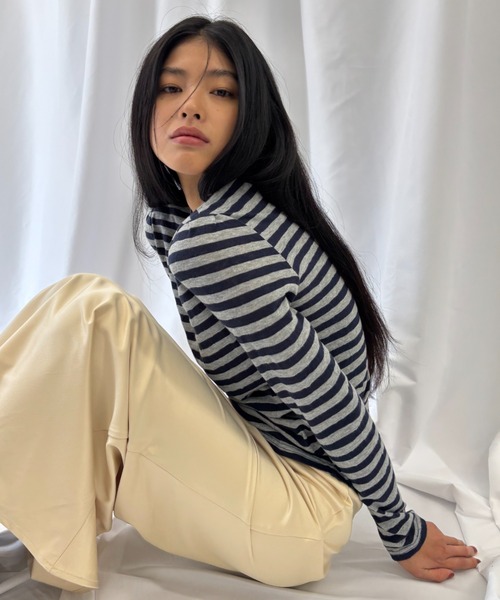 FUULLY STUDIO（フーリィーステューディオ）の「ニットソーボーダーロングスリーブトップス（Tシャツ/カットソー・レディース・ネイビー/ブラウン・FREE）」の16枚目の写真