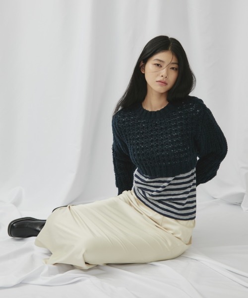 FUULLY STUDIO（フーリィーステューディオ）の「ニットソーボーダーロングスリーブトップス（Tシャツ/カットソー・レディース・ネイビー/ブラウン・FREE）」の22枚目の写真