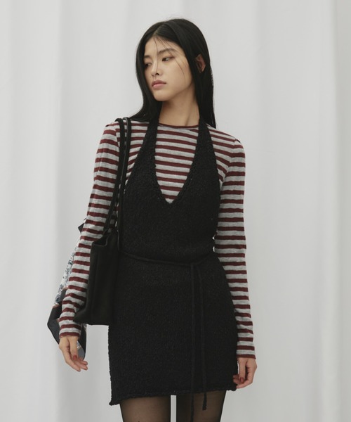 FUULLY STUDIO（フーリィーステューディオ）の「ニットソーボーダーロングスリーブトップス（Tシャツ/カットソー・レディース・ネイビー/ブラウン・FREE）」の13枚目の写真