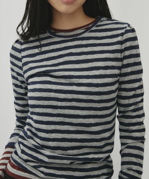 FUULLY STUDIO（フーリィーステューディオ）の「ニットソーボーダーロングスリーブトップス（Tシャツ/カットソー・レディース・ネイビー/ブラウン・FREE）」の20枚目の写真