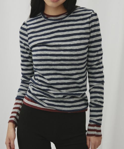 FUULLY STUDIO（フーリィーステューディオ）の「ニットソーボーダーロングスリーブトップス（Tシャツ/カットソー・レディース・ネイビー/ブラウン・FREE）」の18枚目の写真
