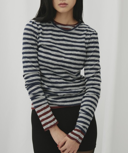 FUULLY STUDIO（フーリィーステューディオ）の「ニットソーボーダーロングスリーブトップス（Tシャツ/カットソー・レディース・ネイビー/ブラウン・FREE）」の19枚目の写真