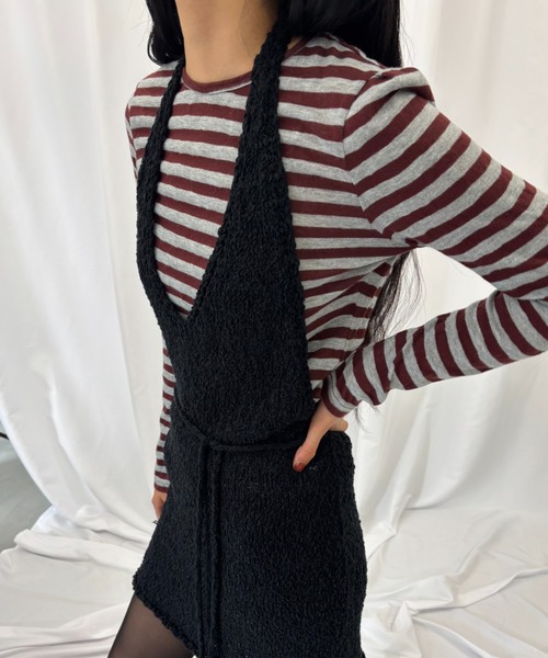 FUULLY STUDIO（フーリィーステューディオ）の「ニットソーボーダーロングスリーブトップス（Tシャツ/カットソー・レディース・ネイビー/ブラウン・FREE）」の12枚目の写真