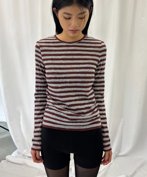 FUULLY STUDIO（フーリィーステューディオ）の「ニットソーボーダーロングスリーブトップス（Tシャツ/カットソー・レディース・ネイビー/ブラウン・FREE）」の3枚目の写真