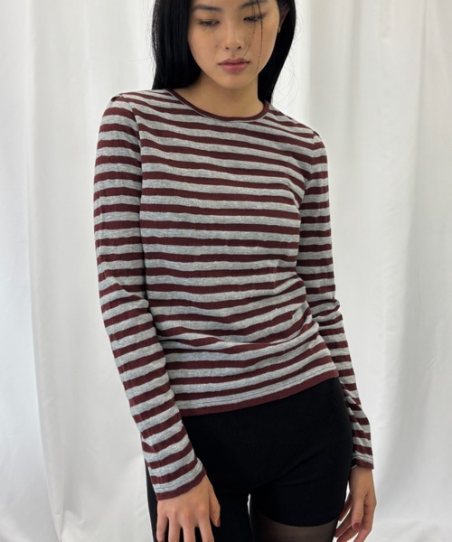 FUULLY STUDIO（フーリィーステューディオ）の「ニットソーボーダーロングスリーブトップス（Tシャツ/カットソー・レディース・ネイビー/ブラウン・FREE）」の5枚目の写真