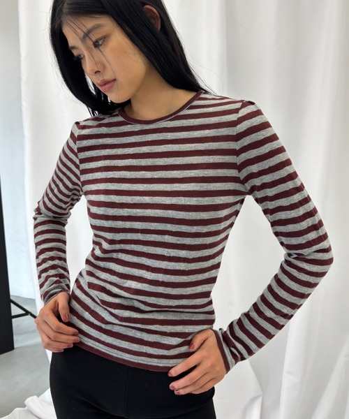 FUULLY STUDIO（フーリィーステューディオ）の「ニットソーボーダーロングスリーブトップス（Tシャツ/カットソー・レディース・ネイビー/ブラウン・FREE）」の6枚目の写真
