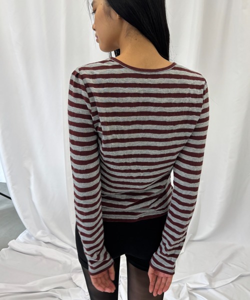 FUULLY STUDIO（フーリィーステューディオ）の「ニットソーボーダーロングスリーブトップス（Tシャツ/カットソー・レディース・ネイビー/ブラウン・FREE）」の9枚目の写真