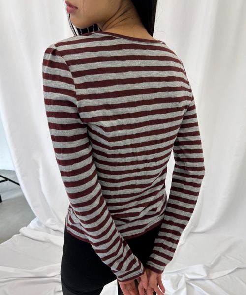 FUULLY STUDIO（フーリィーステューディオ）の「ニットソーボーダーロングスリーブトップス（Tシャツ/カットソー・レディース・ネイビー/ブラウン・FREE）」の10枚目の写真