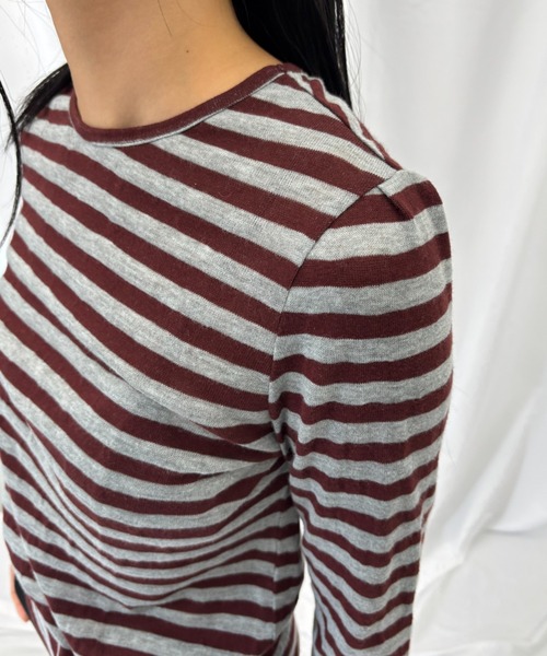 FUULLY STUDIO（フーリィーステューディオ）の「ニットソーボーダーロングスリーブトップス（Tシャツ/カットソー・レディース・ネイビー/ブラウン・FREE）」の11枚目の写真