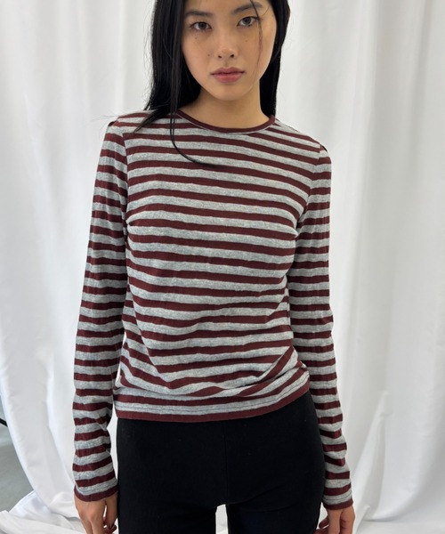 FUULLY STUDIO（フーリィーステューディオ）の「ニットソーボーダーロングスリーブトップス（Tシャツ/カットソー・レディース・ネイビー/ブラウン・FREE）」の7枚目の写真