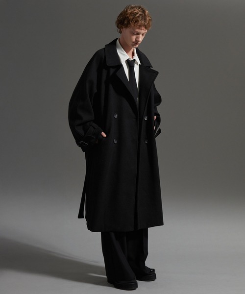 ブラック オーバーサイズ ロングコート オーバーサイズ T/M ラグランロングステンカラーコート/2WAYチン