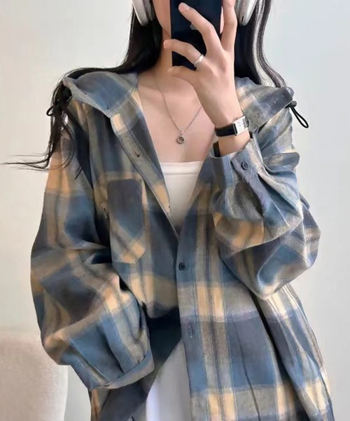 SpRay（スプレイ）の「【チェック×フードでカジュアル上品】ビエラチェックフードシャツ（シャツ/ブラウス・レディース・オレンジ/ブルー・FREE）」の2枚目の写真