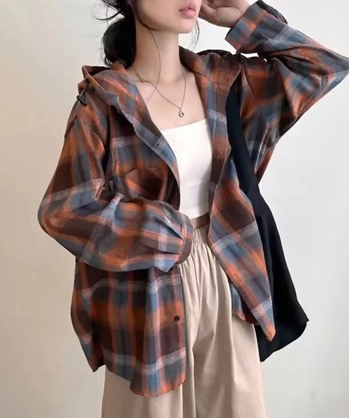 SpRay（スプレイ）の「【チェック×フードでカジュアル上品】ビエラチェックフードシャツ（シャツ/ブラウス・レディース・オレンジ/ブルー・FREE）」の3枚目の写真