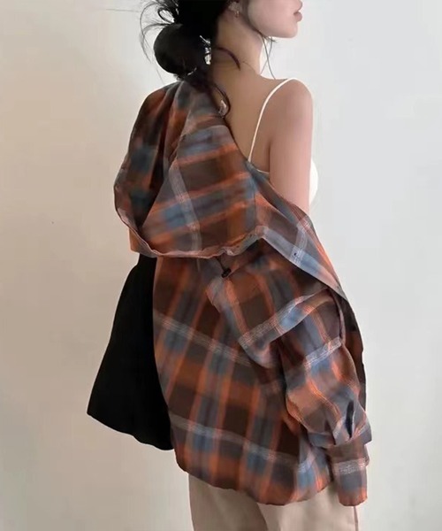 SpRay（スプレイ）の「【チェック×フードでカジュアル上品】ビエラチェックフードシャツ（シャツ/ブラウス・レディース・オレンジ/ブルー・FREE）」の4枚目の写真