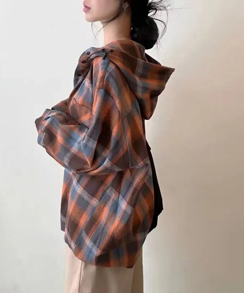 SpRay（スプレイ）の「【チェック×フードでカジュアル上品】ビエラチェックフードシャツ（シャツ/ブラウス・レディース・オレンジ/ブルー・FREE）」の5枚目の写真