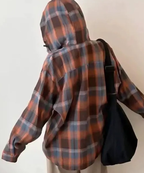 SpRay（スプレイ）の「【チェック×フードでカジュアル上品】ビエラチェックフードシャツ（シャツ/ブラウス・レディース・オレンジ/ブルー・FREE）」の6枚目の写真