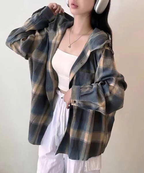 SpRay（スプレイ）の「【チェック×フードでカジュアル上品】ビエラチェックフードシャツ（シャツ/ブラウス・レディース・オレンジ/ブルー・FREE）」の7枚目の写真